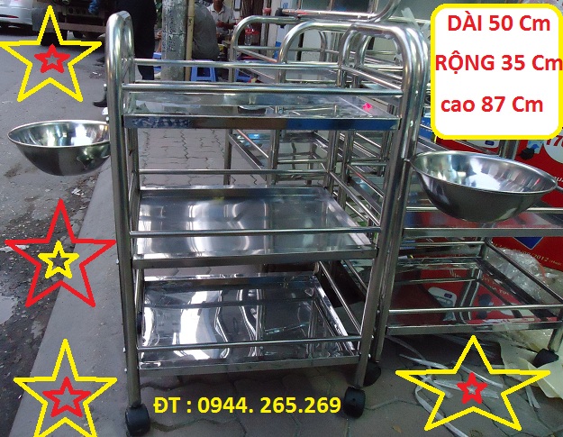 Xe inox 3 tầng có bát Dũng Giao DG01 chuyên dụng y tế thẩm mỹ 